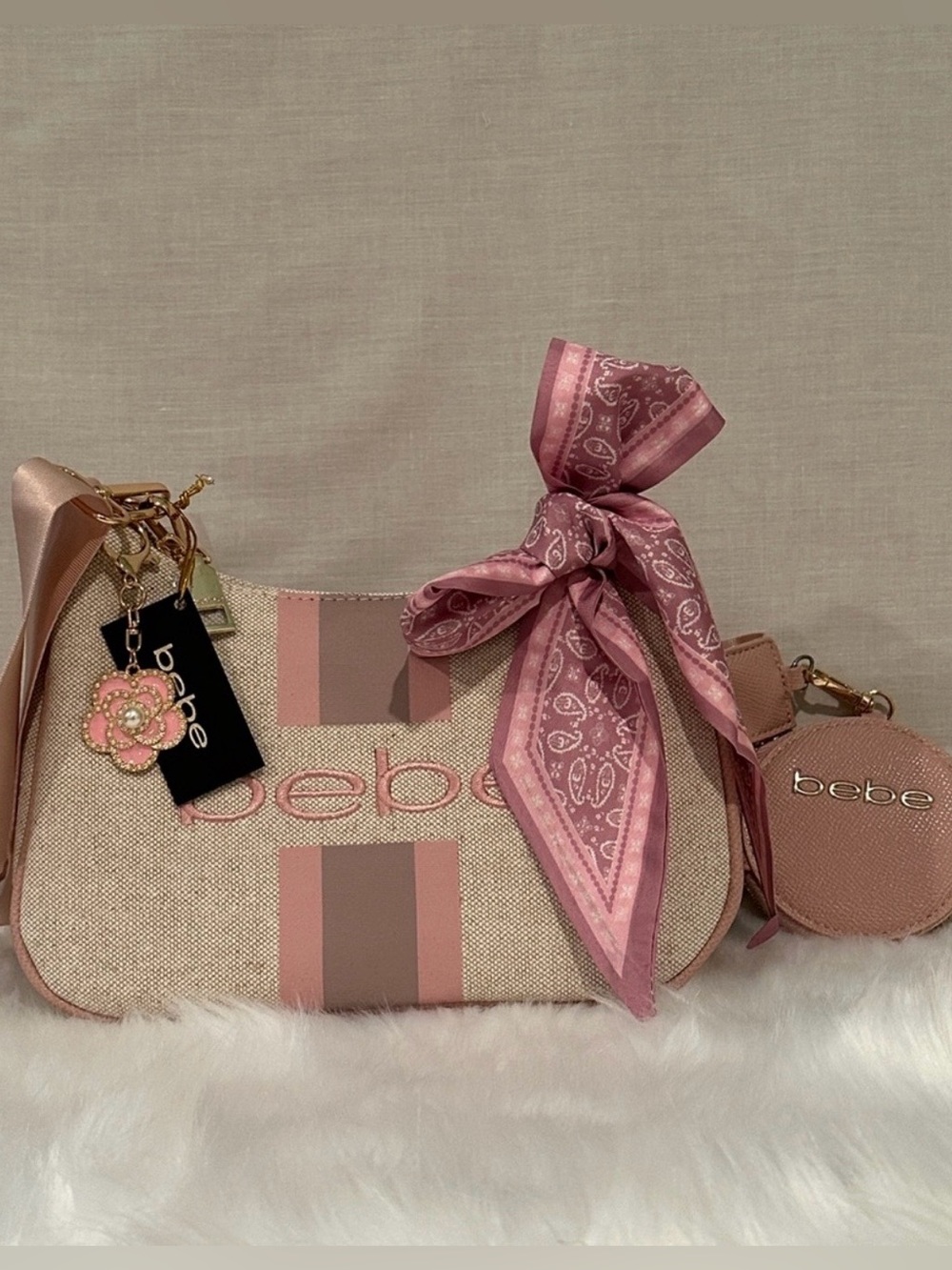bebe Paisley Canvas Crossbody with Coin Purse Powder Pink with Charm and Scarf
